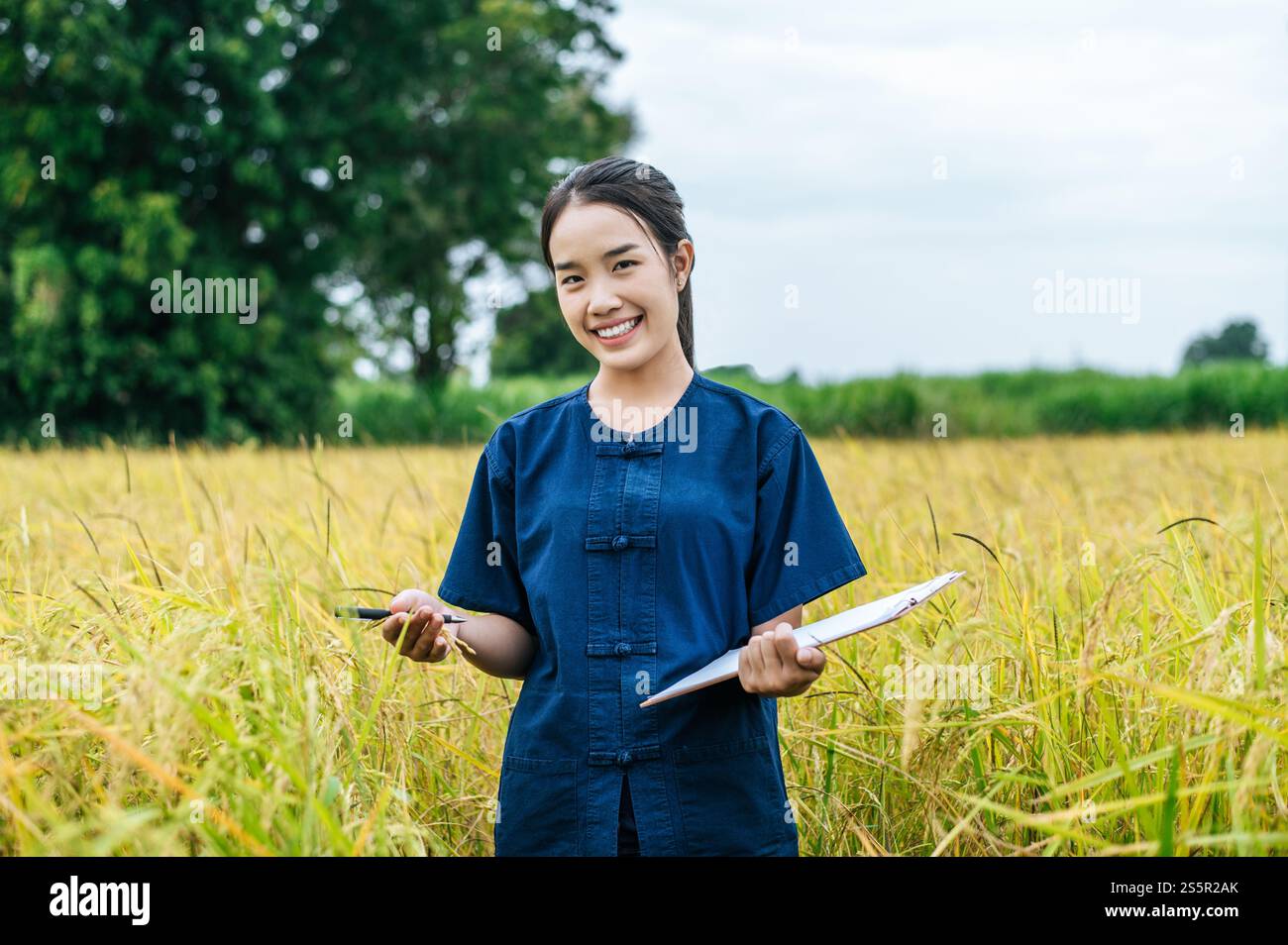 Ritratti bella donna asiatica contadina usa gli appunti controllo durante il lavoro in campo di riso biologico e sorridi con felicità Foto Stock