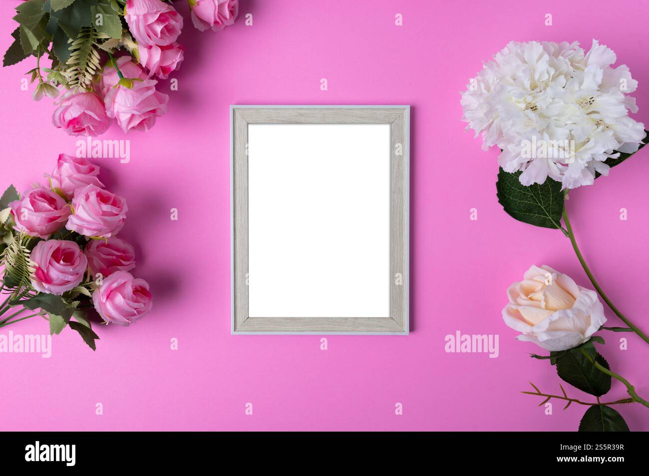 Cornici e fiori su sfondo rosa. Foto Stock