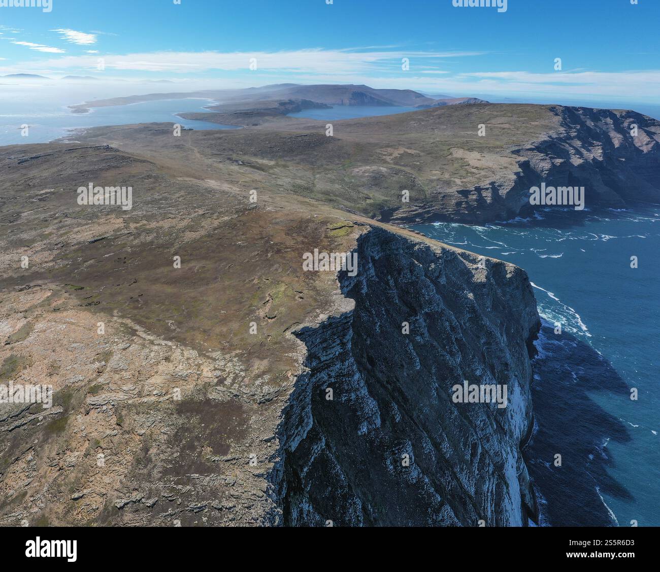 Vista aerea delle scogliere della costa occidentale di West Point Island, Isole Falkland Foto Stock