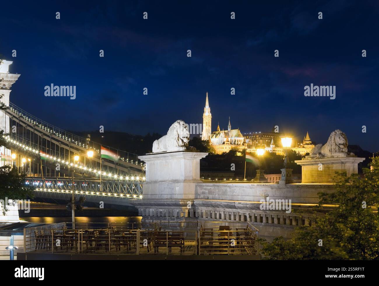 Punto di riferimento ungherese, Budapest Chain Bridge vista notturna. Lunga esposizione. Foto Stock