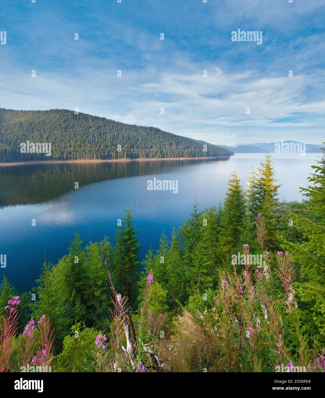 Lago di montagna Vidra serata estiva vista (vicino a Romania Transalpina road) Foto Stock