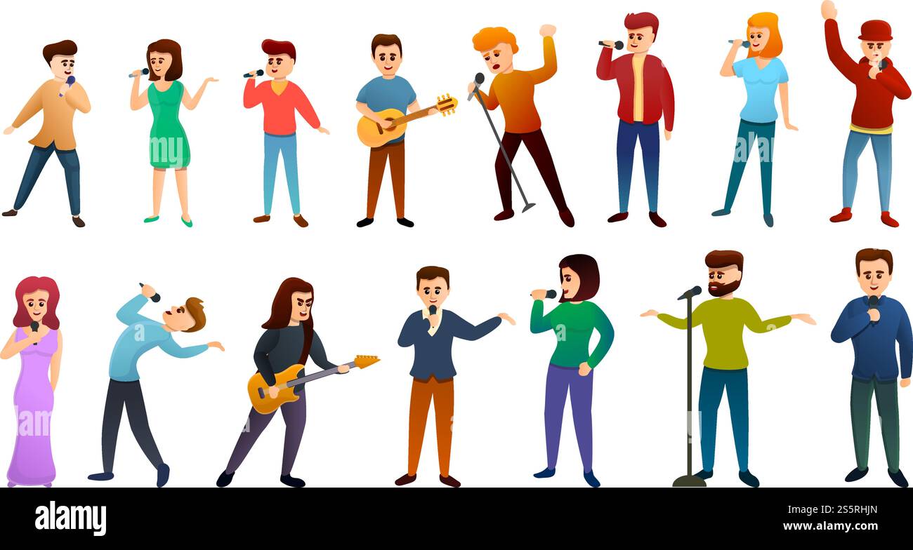 Set di icone dei cantanti. Set di cartoni animati di icone vettoriali per il web design. Set di icone dei cantanti, stile cartoni animati Illustrazione Vettoriale