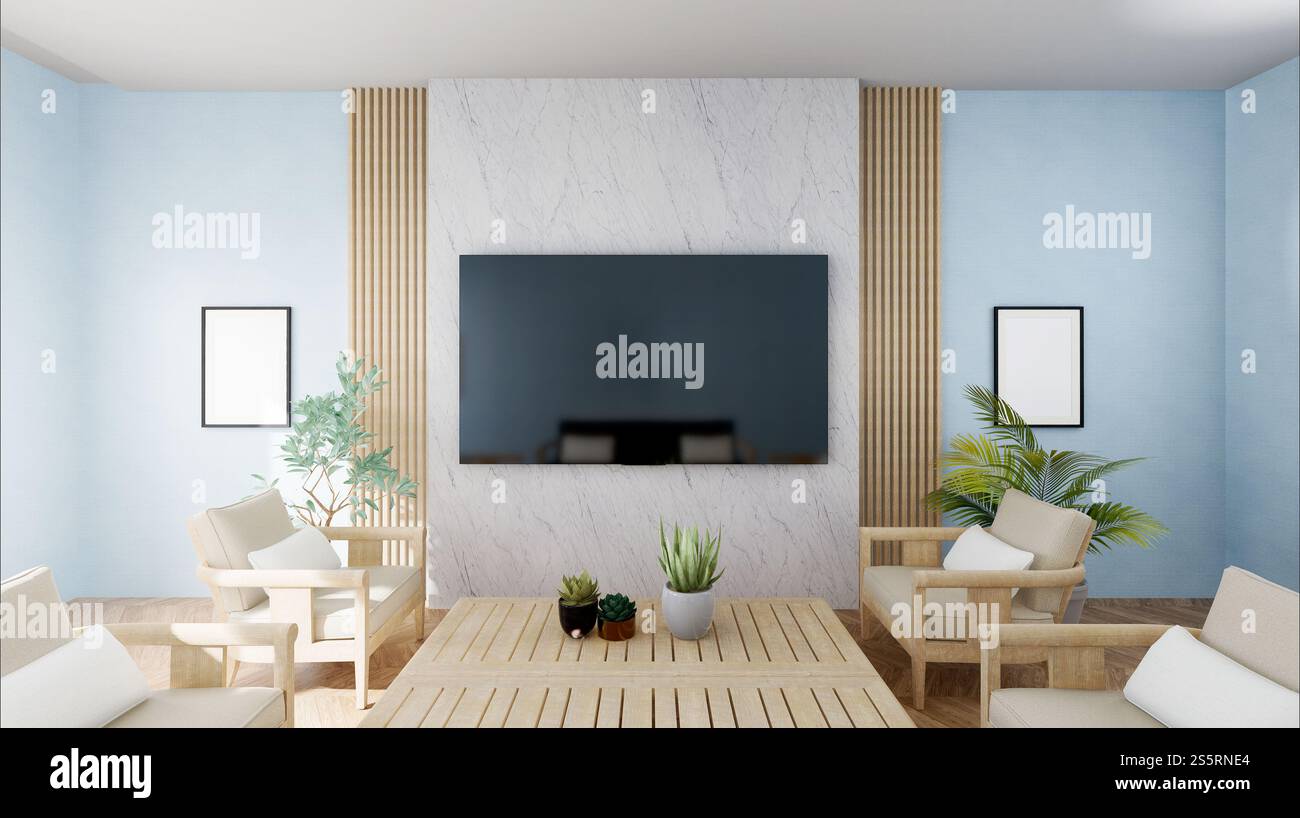 Soggiorno con TV e mobili Foto Stock