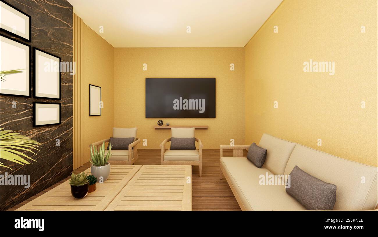 Soggiorno con TV e mobili Foto Stock