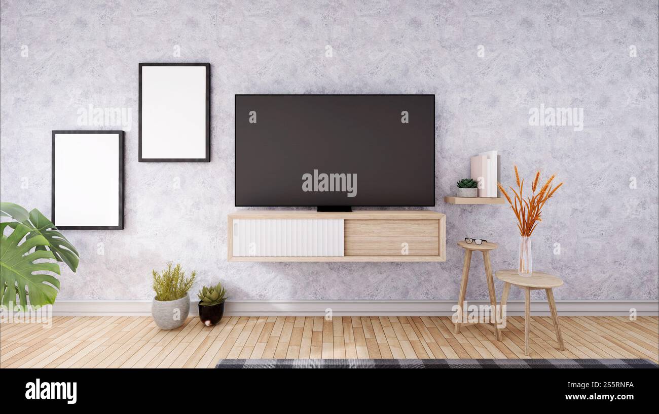 Soggiorno con TV e mobili Foto Stock