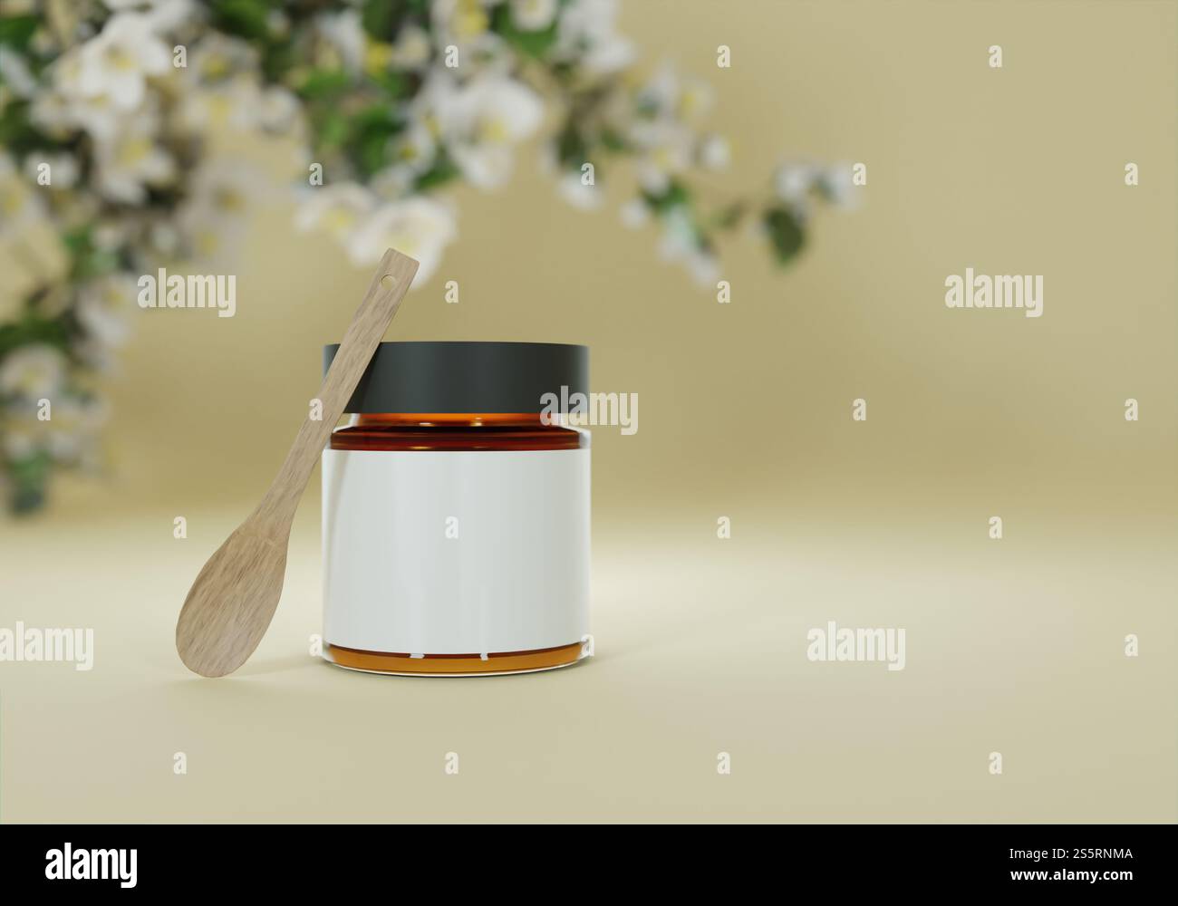 Un vasetto di marmellata e un cucchiaio di legno su fondo marrone Foto Stock