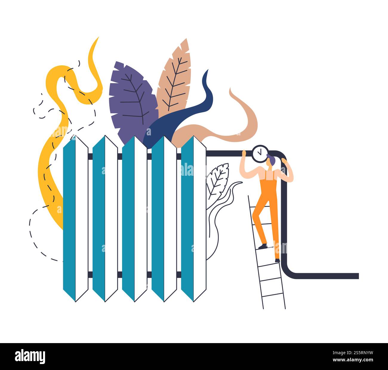Radiatore con quadrante della temperatura e icona isolata dal tecnico impianti astratti uomo in tuta su scala controllare il calore batteria riscaldatore interno con lamelle tubo e servizio riscaldamento casa vettore carattere maschio. Radiatore con quadrante della temperatura e icona isolata dal tecnico per gli impianti astratti Illustrazione Vettoriale