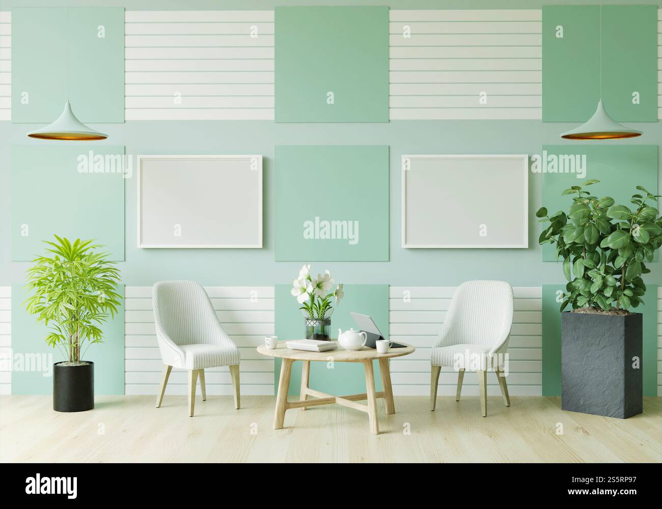 Soggiorno decorato con sedie, cornici e piccole pentole Foto Stock