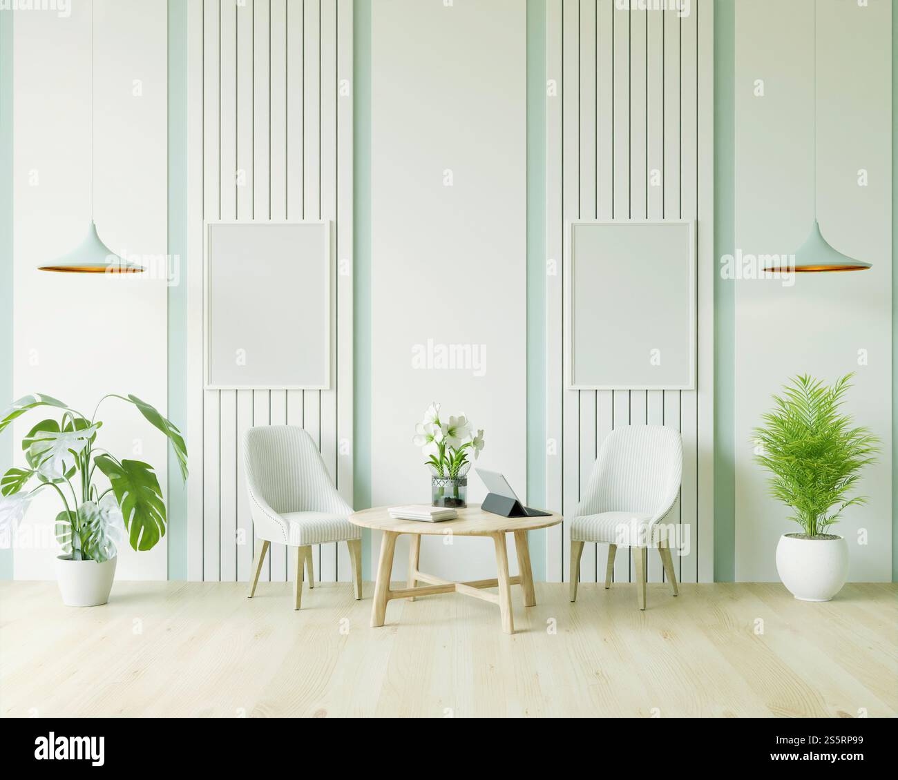 Soggiorno decorato con sedie, cornici e piccole pentole Foto Stock