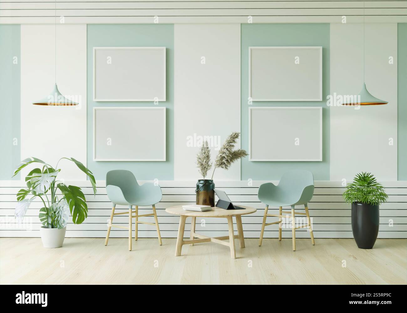 Soggiorno decorato con sedie, cornici e piccole pentole Foto Stock