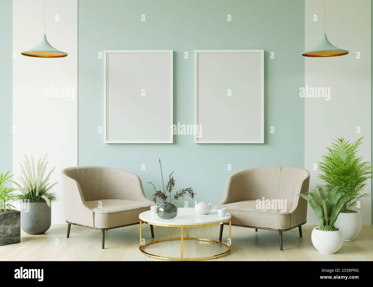 Il soggiorno è decorato con sedie, divani e cornici. Foto Stock