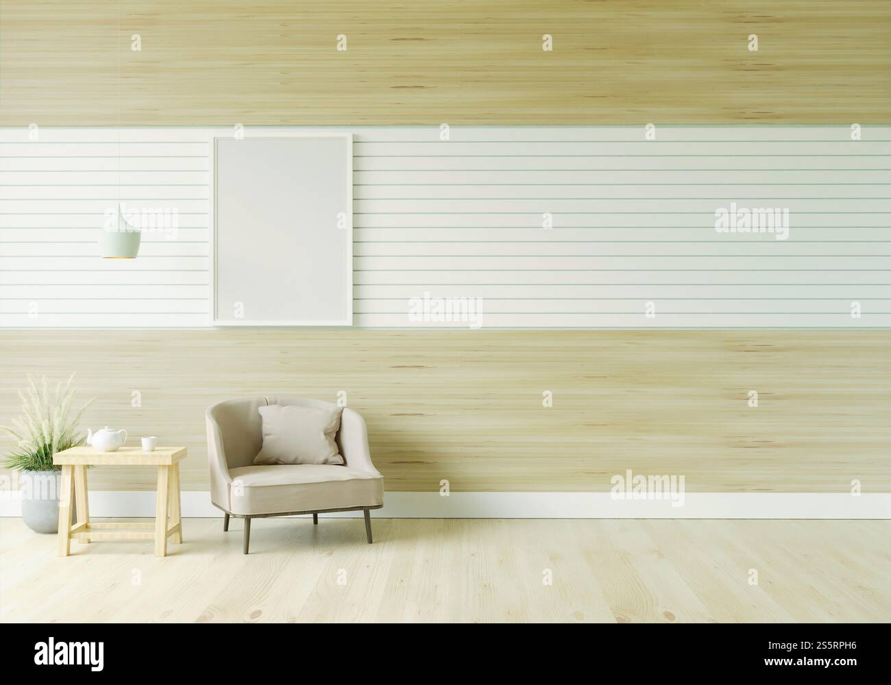 Il soggiorno è decorato con sedie, divani e cornici. Foto Stock