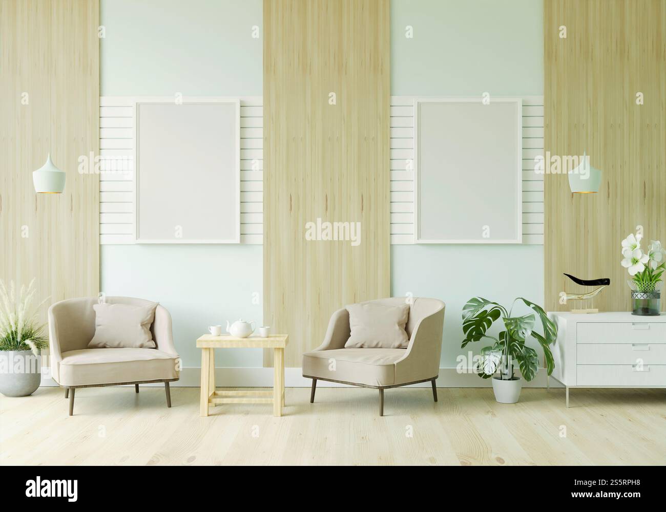 Il soggiorno è decorato con sedie, divani e cornici. Foto Stock