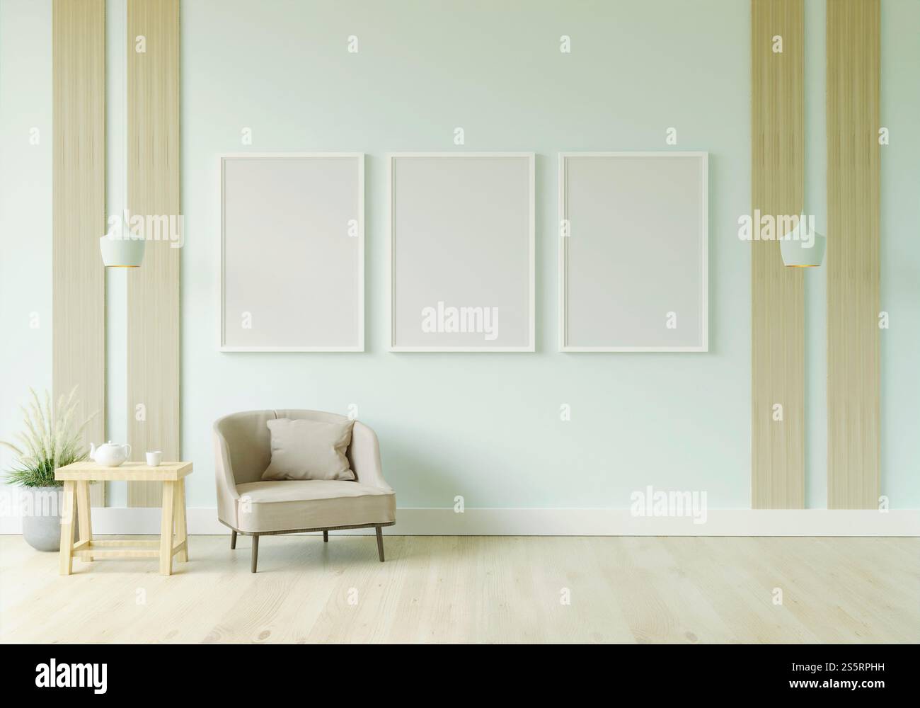 Il soggiorno è decorato con sedie, divani e cornici. Foto Stock