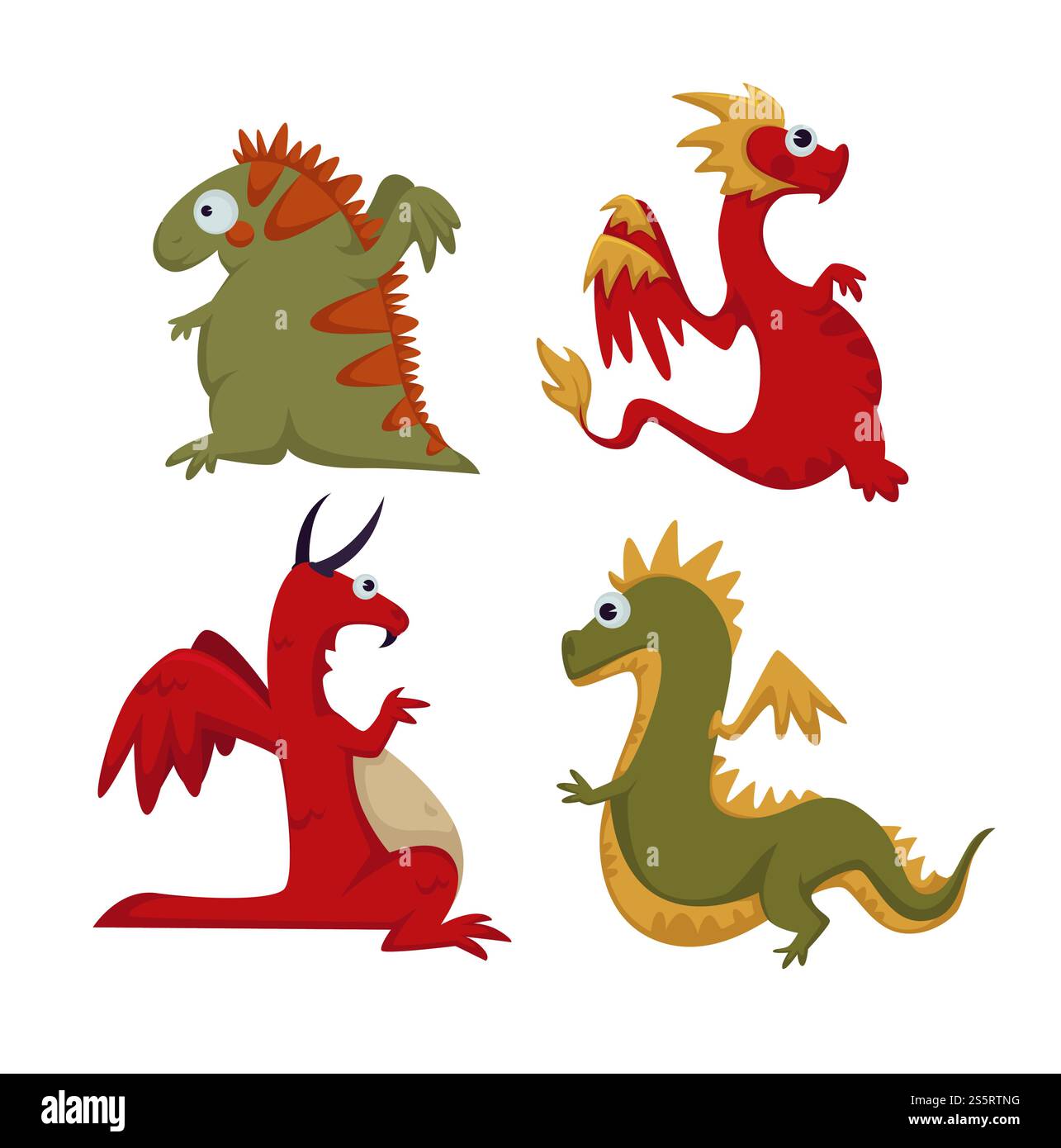 Differenza di dinosauri, animali preistorici impostano il vettore. Generazione di bestie, mostri con code e ali, creature che respirano con il fuoco. Reptile brontosaurus creature realistiche. Differenza di dinosauri, animali preistorici impostano il vettore. Illustrazione Vettoriale