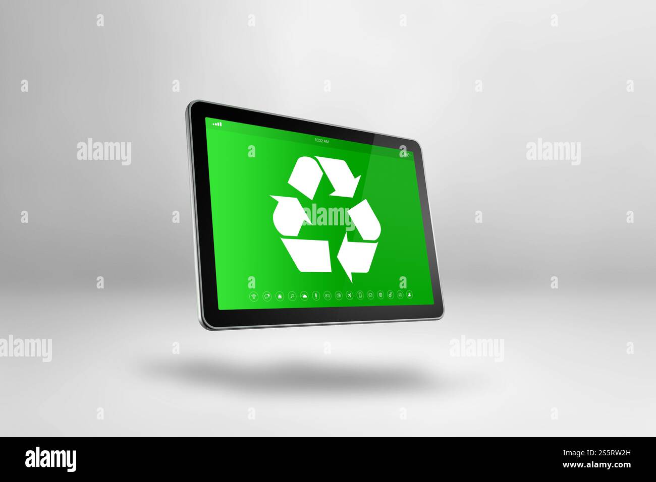 Tablet PC digitale con simbolo di riciclaggio sullo schermo. concetto di conservazione ambientale. Illustrazione 3D isolata su sfondo bianco. Tablet digitale Foto Stock