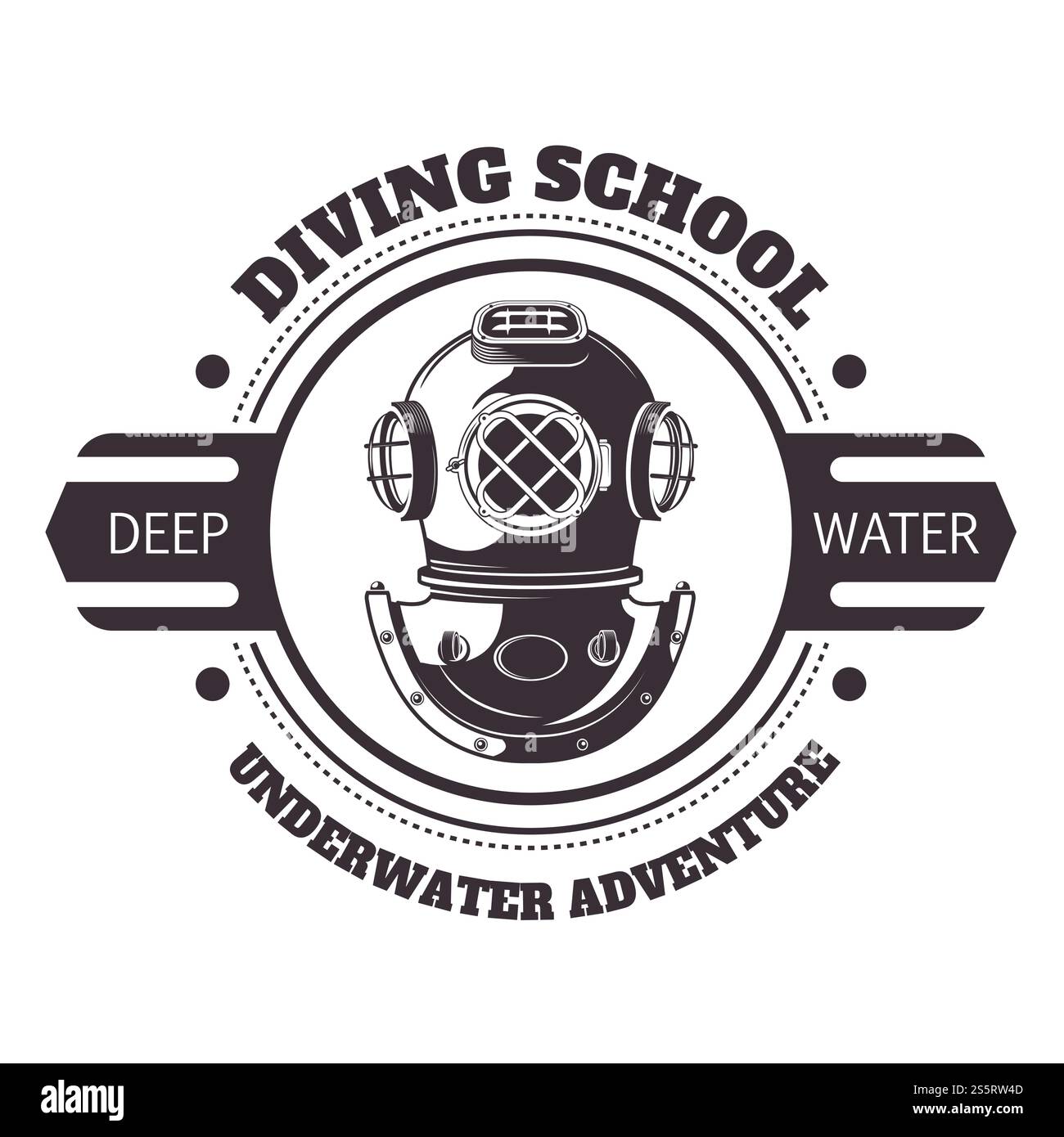 Titolo e titolo di avventura subacquea per la scuola di immersioni subacquea. Maschera vecchia di primi subacquei in profondità sul fondo del mare o dell'oceano. Intrattenimento divertente e illustrazione vettoriale di sport acquatici esotici. Titolo e titolo di avventura subacquea per la scuola di immersioni subacquea Illustrazione Vettoriale