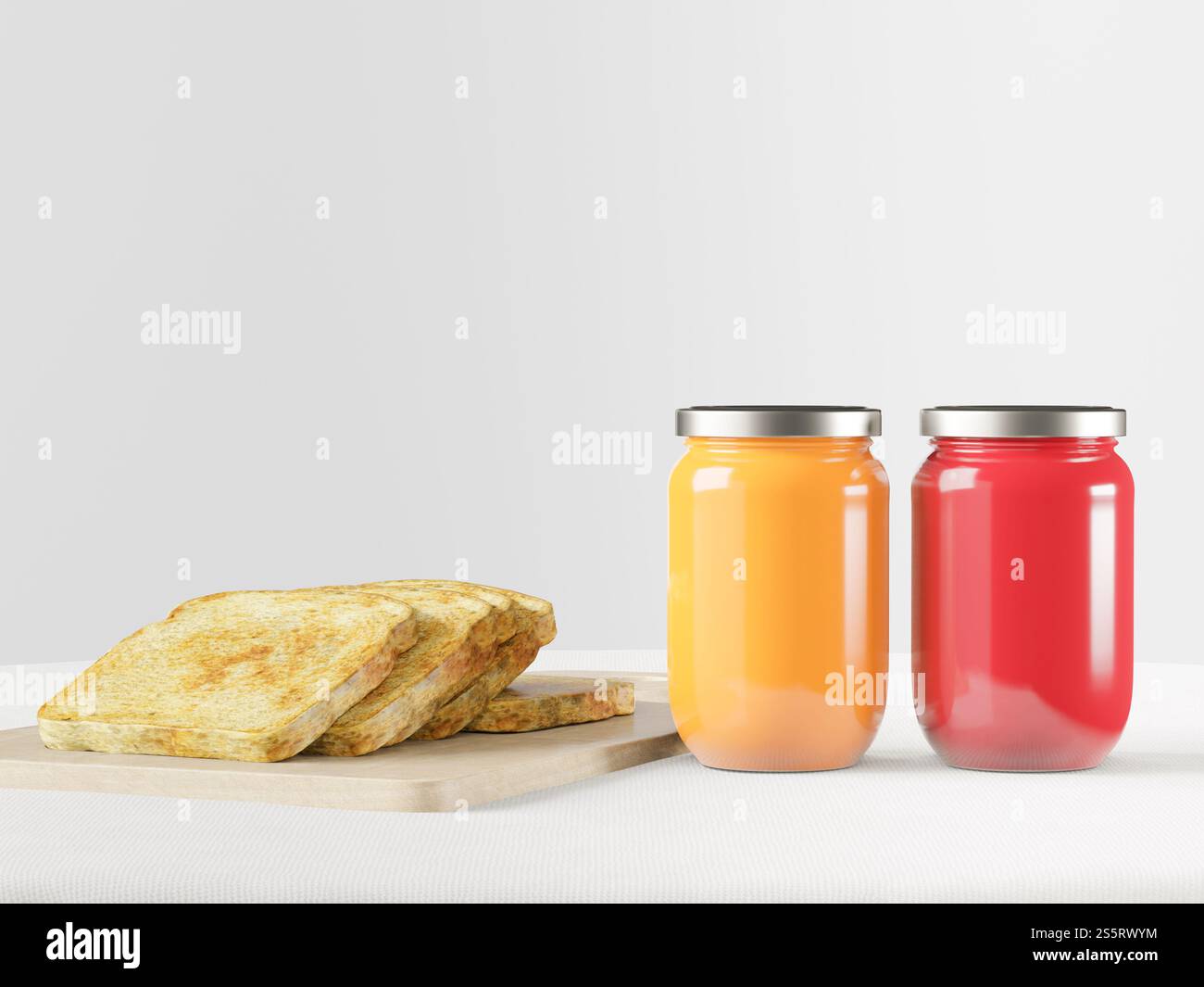 Marmellata di fragole e arancia in un recipiente con pane tostato Foto Stock