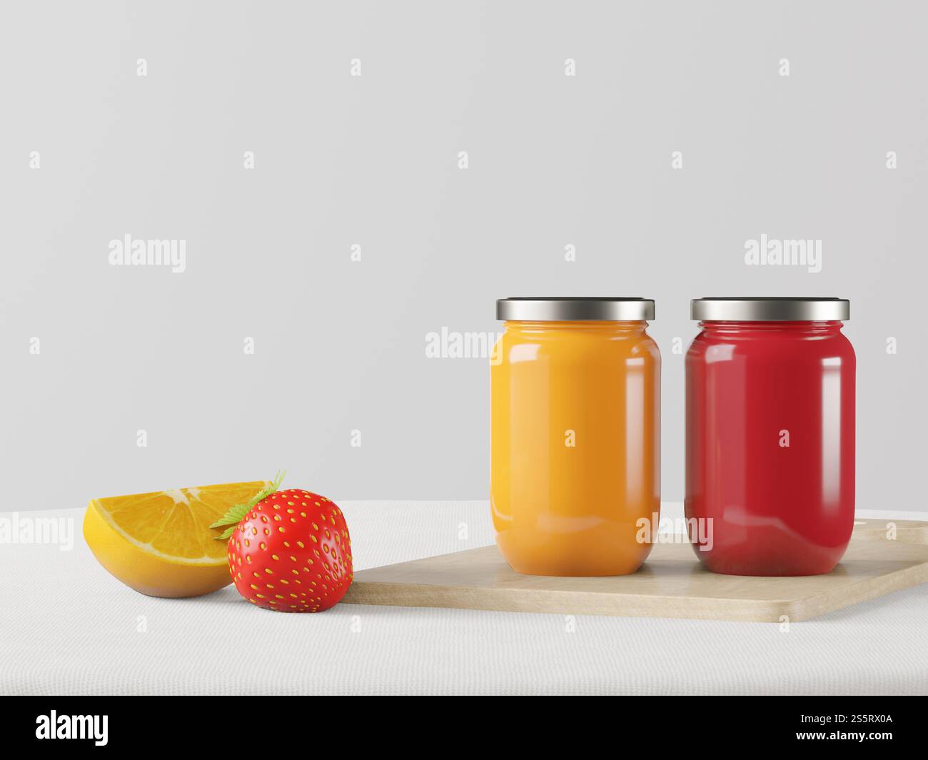 Confettura di fragole e arancia in un vasetto con fragole e arancia Foto Stock