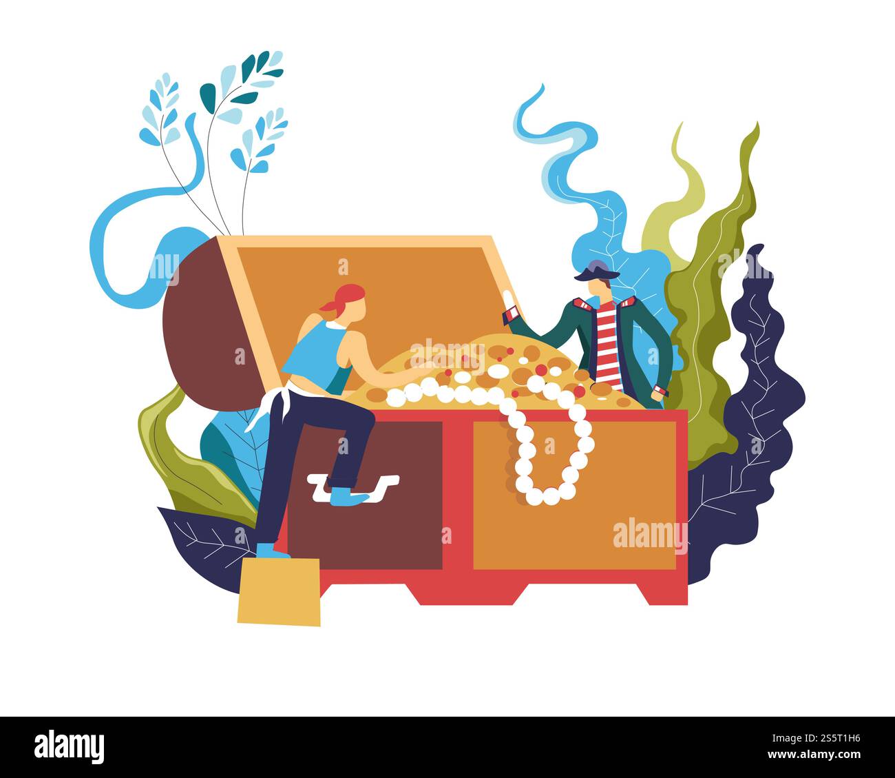 Scatola del tesoro rubata dai pirati piena di oggetti ricchi, gente vettoriale in pirateria che deruba uno scrigno di legno con denaro denaro, oro contanti e collana fatta di fogliame di perle e foglie che decorano piante di alghe. Pirata che ruba una scatola del tesoro piena di oggetti ricchi Illustrazione Vettoriale