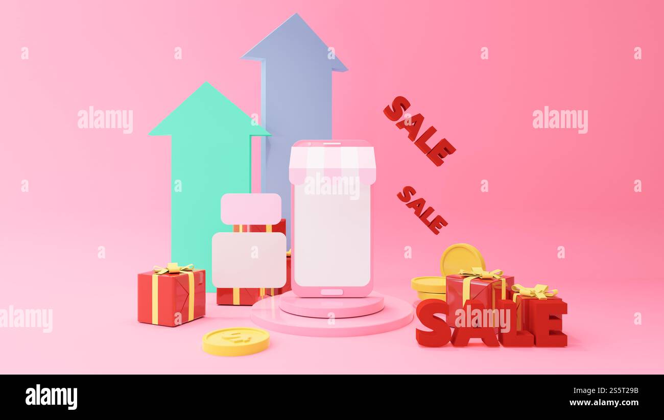 Telefono cellulare su sfondo pastello con grafica 3D. Foto Stock