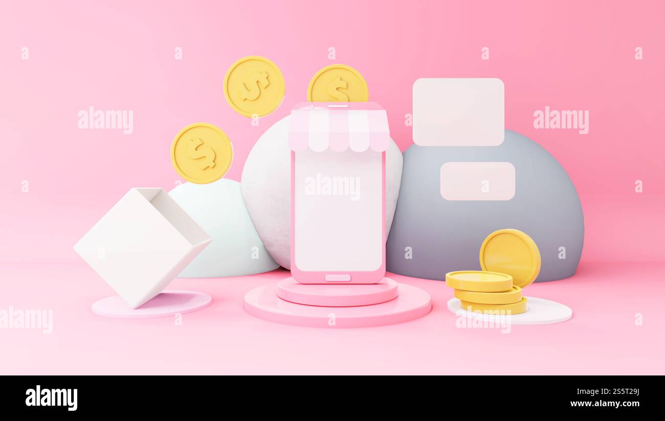 Telefono cellulare su sfondo pastello con grafica 3D. Foto Stock