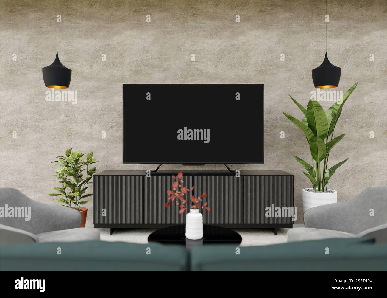 Soggiorno 3D con televisore vuoto Foto Stock