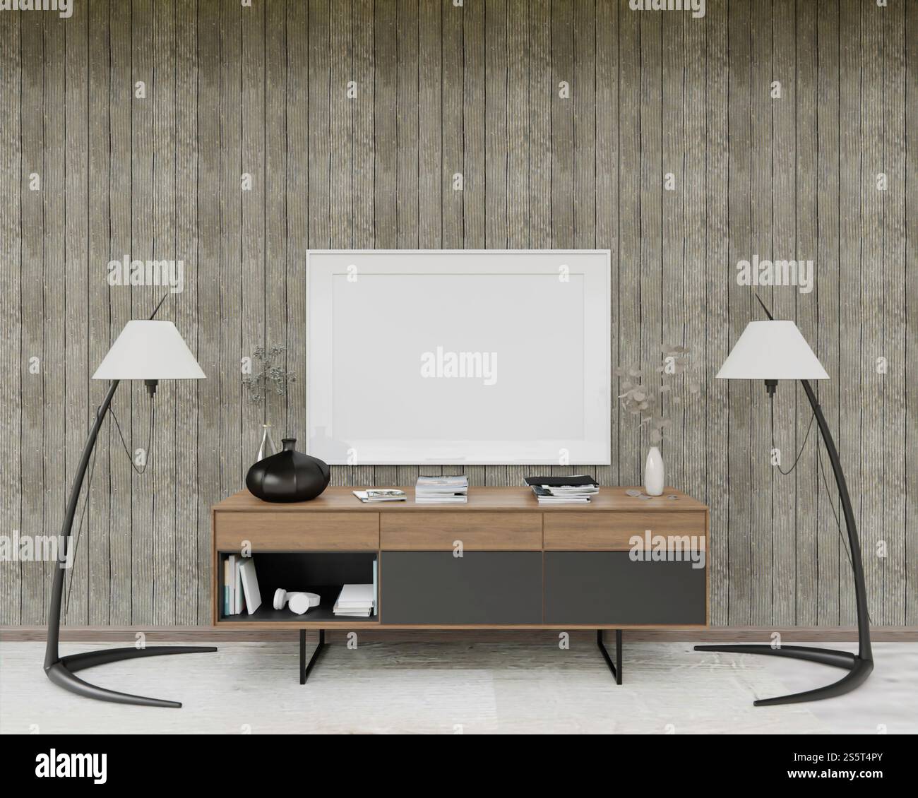 Soggiorno e mobili 3D con cornice fotografica vuota Foto Stock