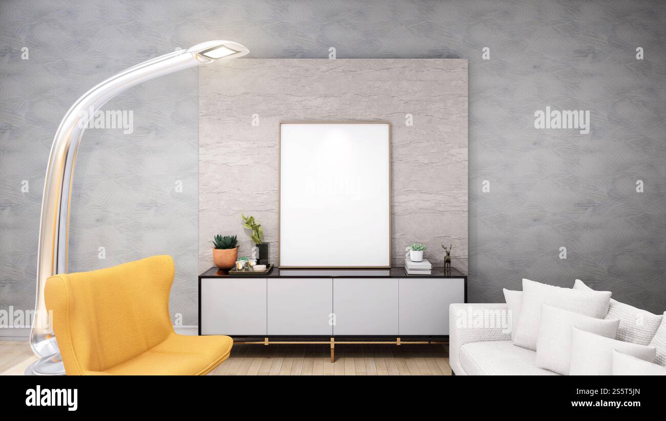 Soggiorno 3D e divano con cornice fotografica vuota Foto Stock