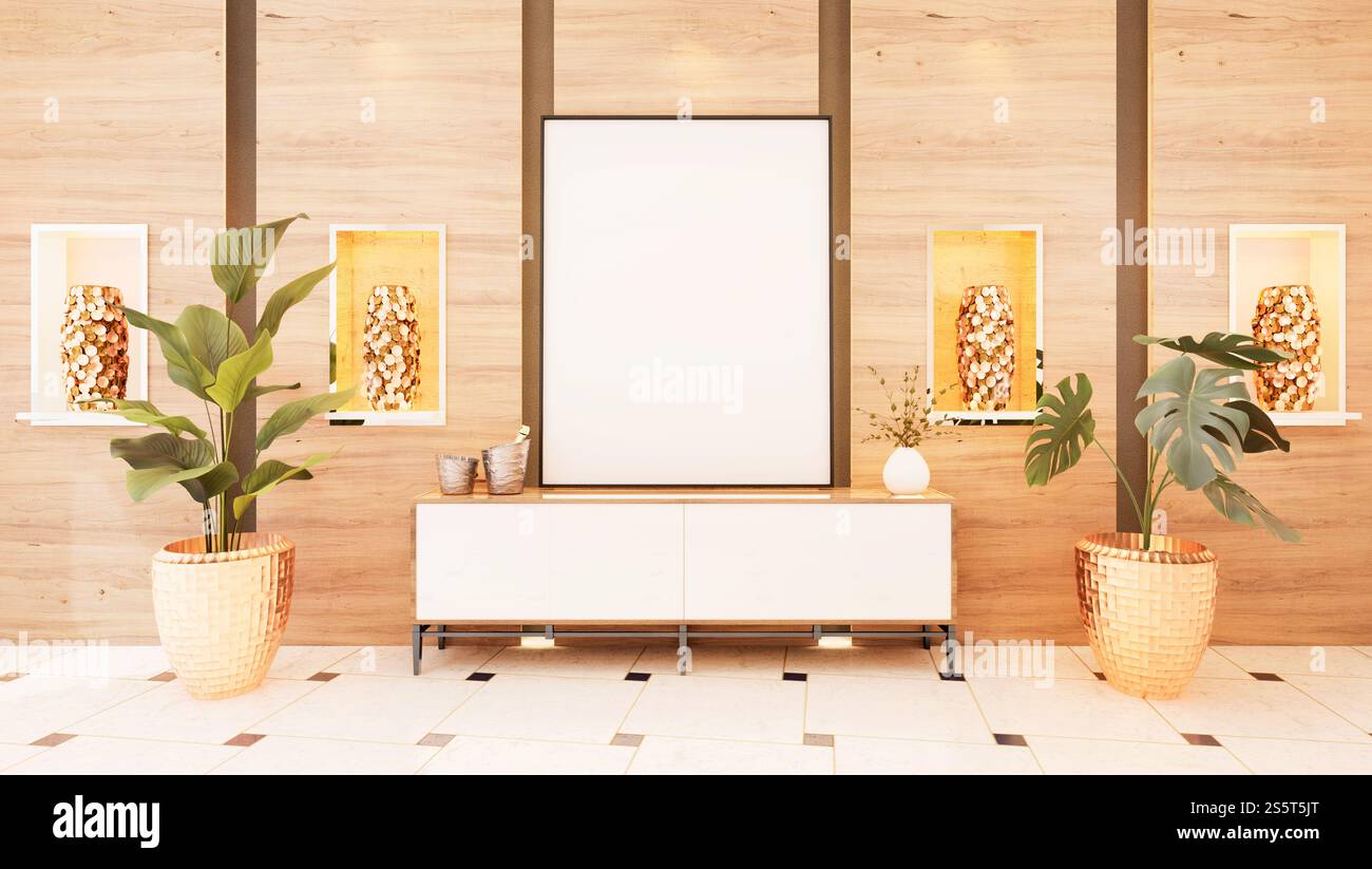 Soggiorno e mobili 3D con cornice fotografica vuota Foto Stock