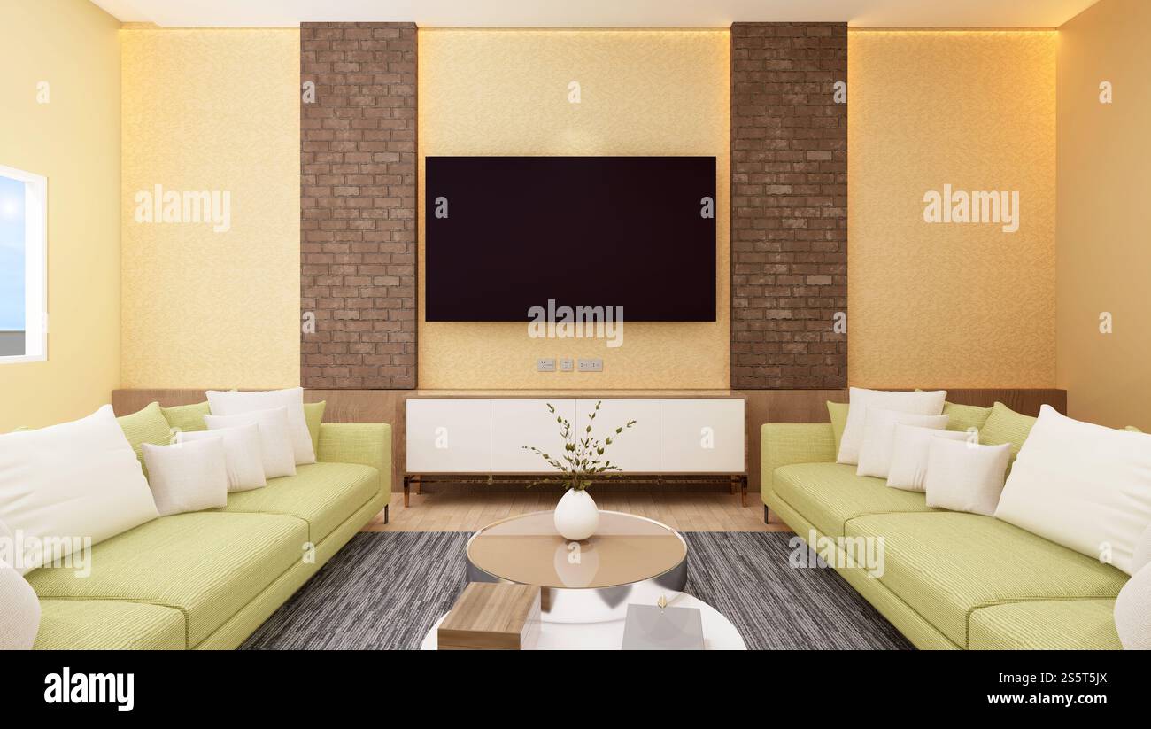 Soggiorno 3D con televisore vuoto Foto Stock