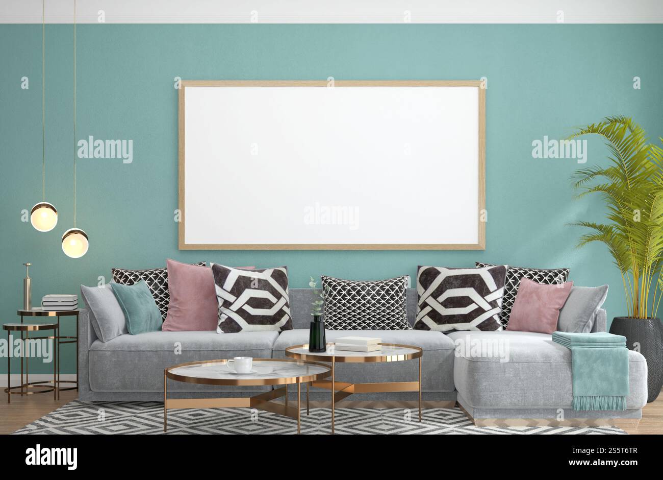 Soggiorno 3D e divano con cornice fotografica vuota Foto Stock