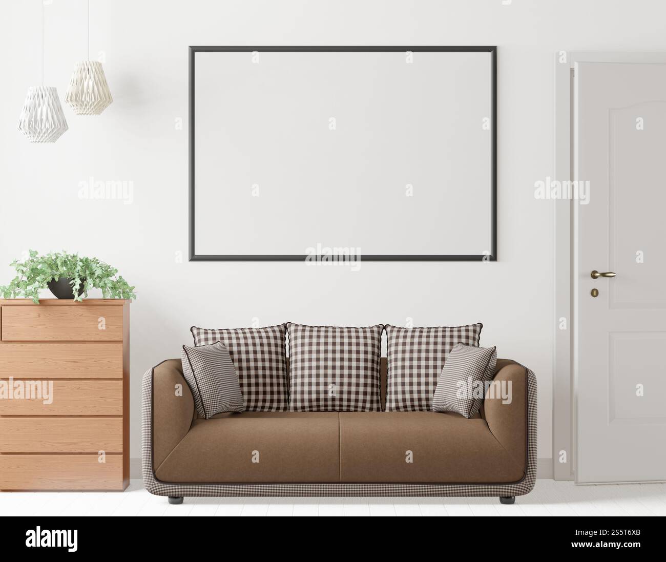 Soggiorno 3D e divano con cornice fotografica vuota Foto Stock