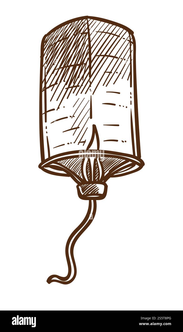 Lanterna cinese monocromatica contorno di schizzo icona isolata lampada di carta luminosa vettoriale decorazione tradizionale che vola nel cielo notturno decor orientale simbolo asiatico di prosperità ombra sospesa calda e brillante. Lanterna cinese in bianco e nero con contorno di un'icona isolata che si illumina di carta Illustrazione Vettoriale