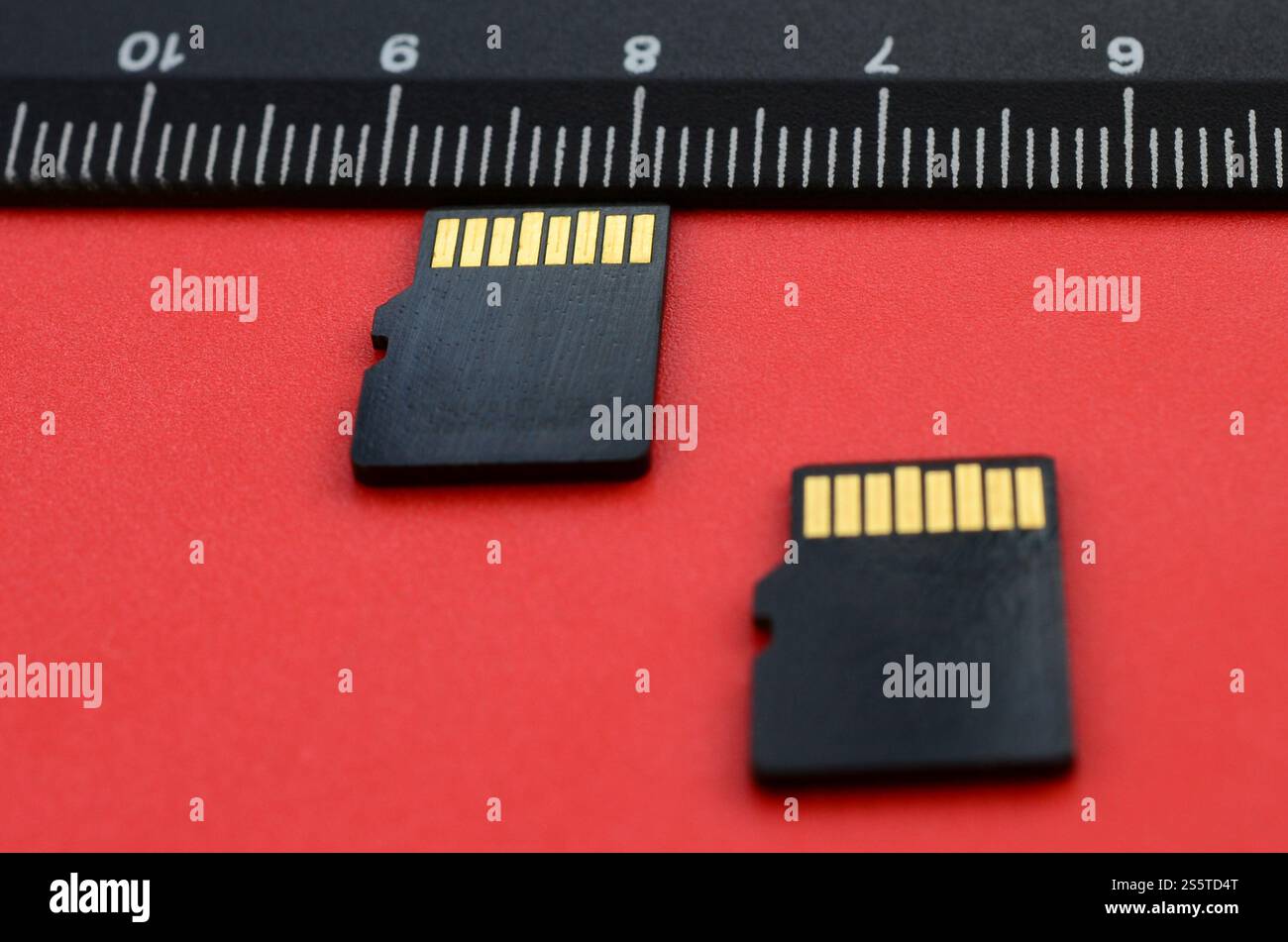 Due piccole schede di memoria micro SD si trovano su uno sfondo rosso accanto a un righello nero. Un piccolo e compatto archivio di dati e informazioni Foto Stock