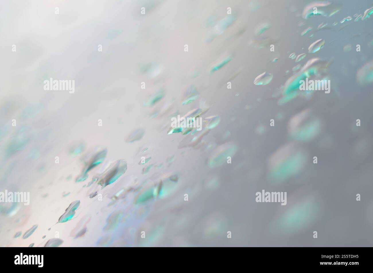 Piccole gocce di pioggia d'acqua sul vetro blu in macro. Sfondo di natura astratta. Gocce d'acqua, gocce di pioggia Foto Stock