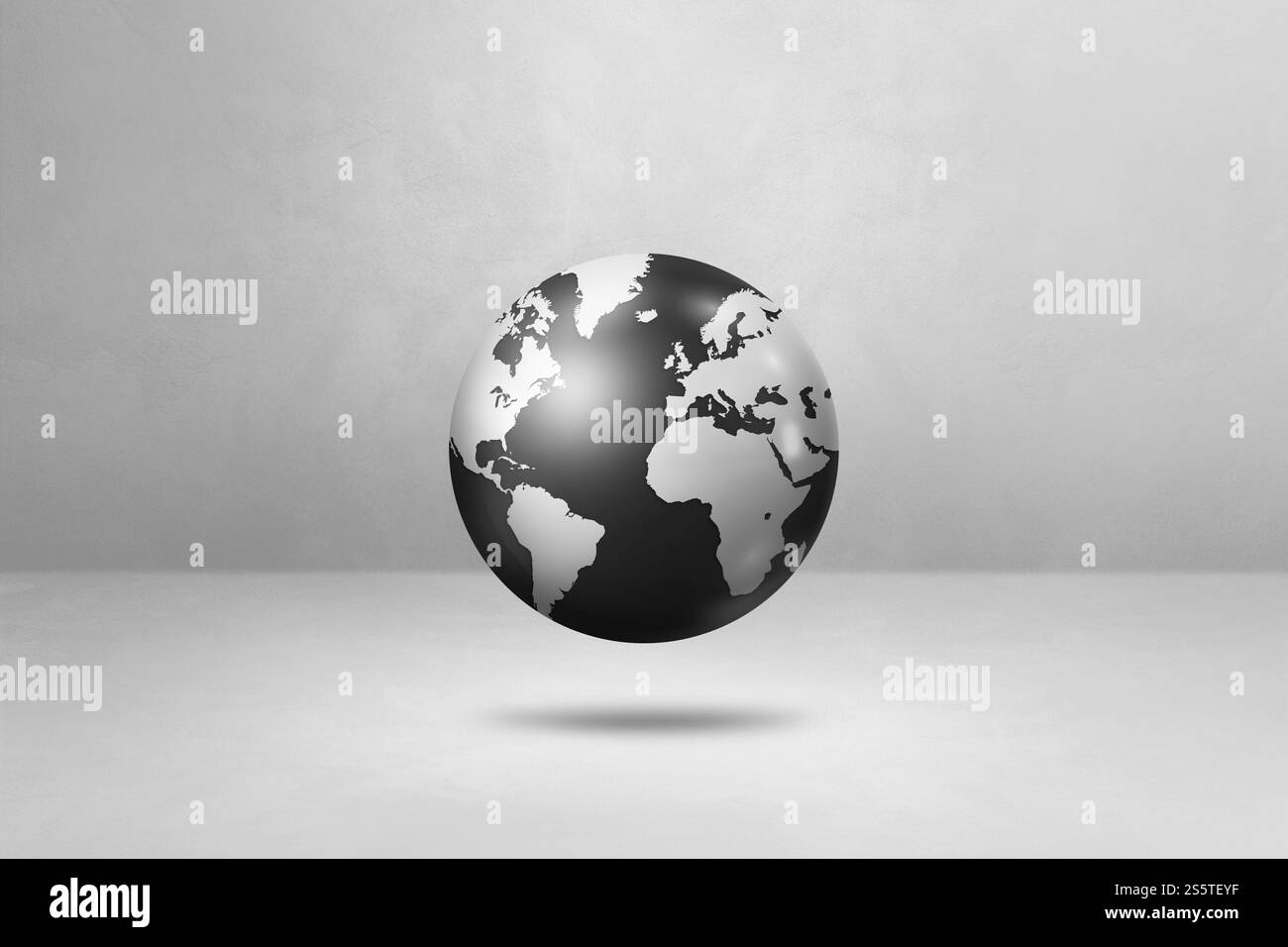 Globo mondiale, mappa della terra nera, fluttuante su uno sfondo bianco. Illustrazione 3D isolata. Modello orizzontale. Globo del mondo, mappa della terra nera, isolato Foto Stock