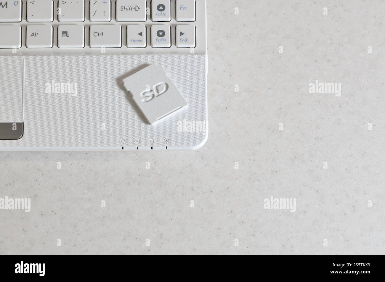 Una compatta scheda memoria SD giace su un netbook bianco. Le informazioni digitali il dispositivo di storage è pronto per l'uso. Concetto di moderne tecnologie Foto Stock