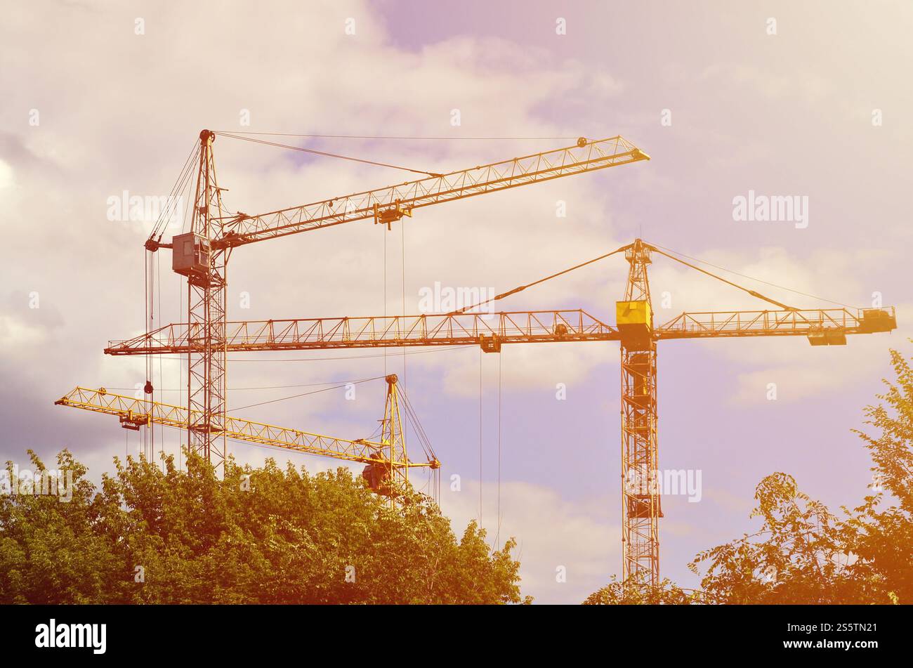 Alti e pesanti costruzione torri gru contro un cielo blu al tramonto di sera Foto Stock