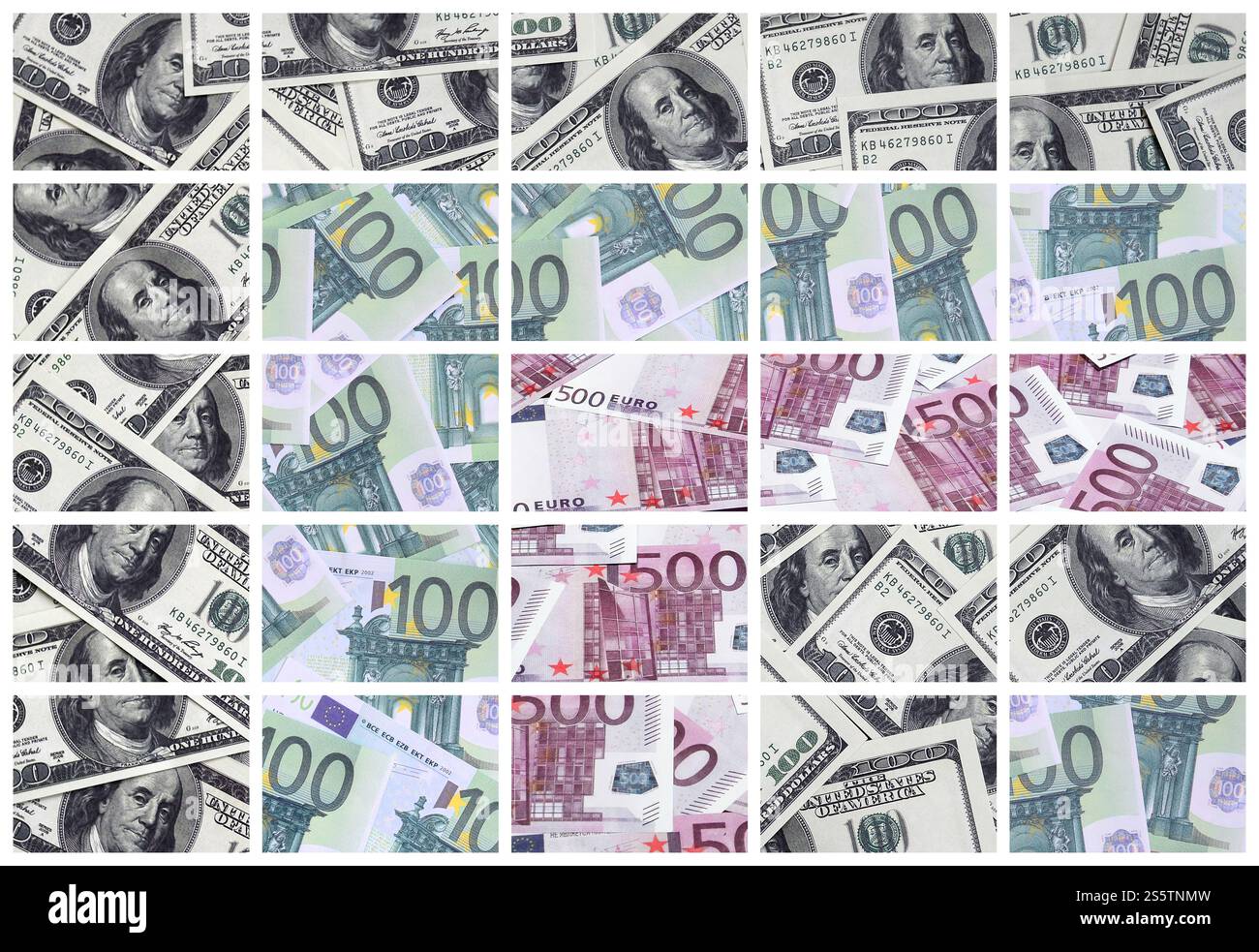 Un collage di molte immagini delle banconote in tagli da 100 e 500 euro giacente nella memoria heap Foto Stock