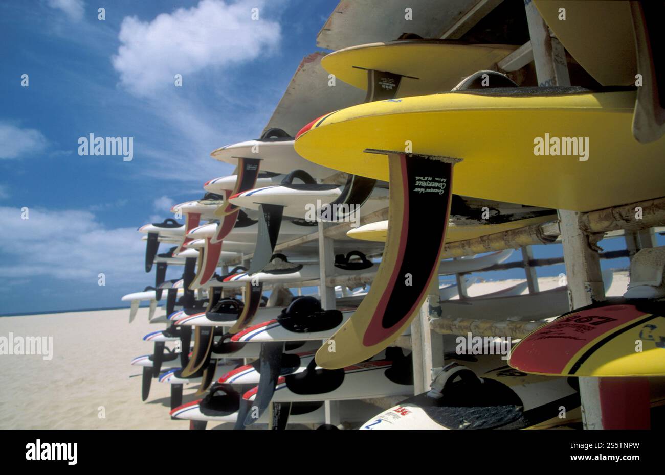La gente fa windsurf sulla costa della città di Santa Maria, sull'isola di Sal, sulle isole di Capo Verde in Africa. Capo Verde, Sal, maggio 2000. Foto Stock