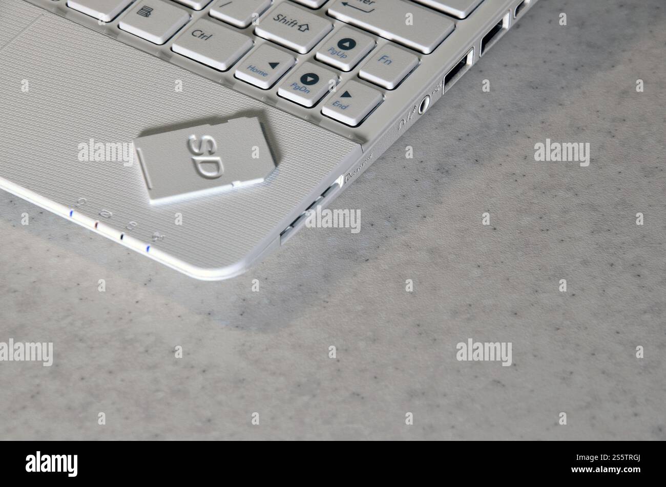 Una compatta scheda memoria SD giace su un netbook bianco. Le informazioni digitali il dispositivo di storage è pronto per l'uso. Concetto di moderne tecnologie Foto Stock