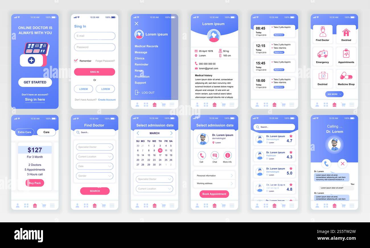 Set di schermate UI, UX, GUI applicazione Medicine modello di design piatto per app mobili, wireframe di siti Web dinamici. Kit interfaccia utente Web design. Dashboard medicina. Foto Stock