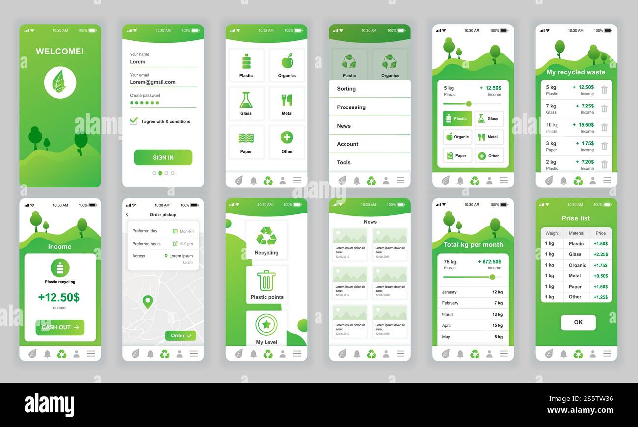 Set di schermate UI, UX, GUI applicazione Ecology modello di design piatto per app mobili, wireframe di siti Web dinamici. Kit interfaccia utente Web design. Dashboard ecologico. Foto Stock