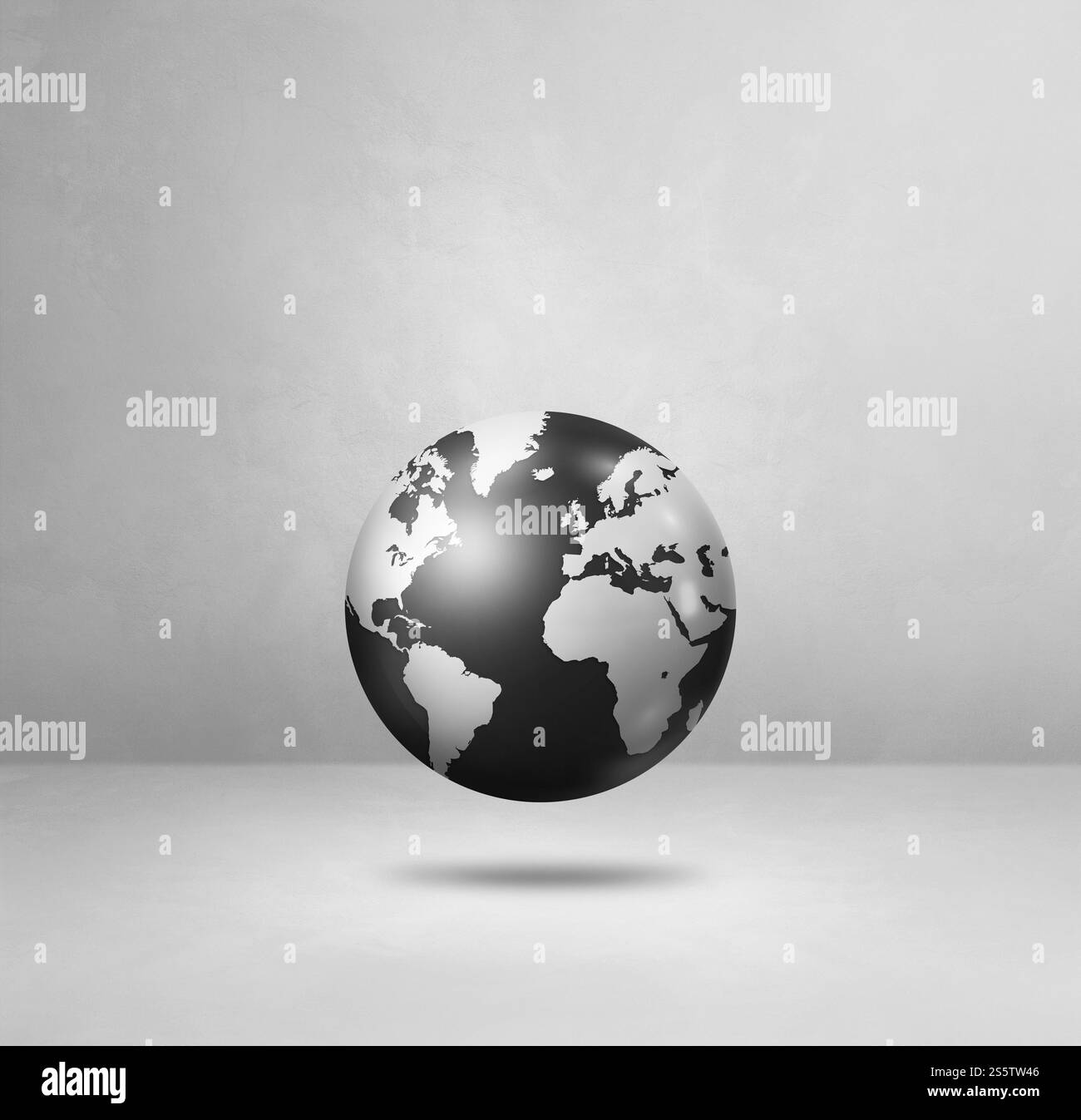 Globo mondiale, mappa della terra nera, fluttuante su uno sfondo bianco. Illustrazione 3D isolata. Sagoma quadrata. Globo del mondo, mappa della terra nera, isolato su Foto Stock