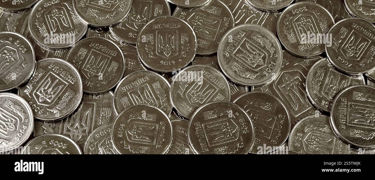 Una grande pila di monete da una banca Ucraina. Monete di tipo ucraino: Kopeck. Concetto per affari bancari, tasse, debito, prezzi e altri aspetti finanziari Foto Stock