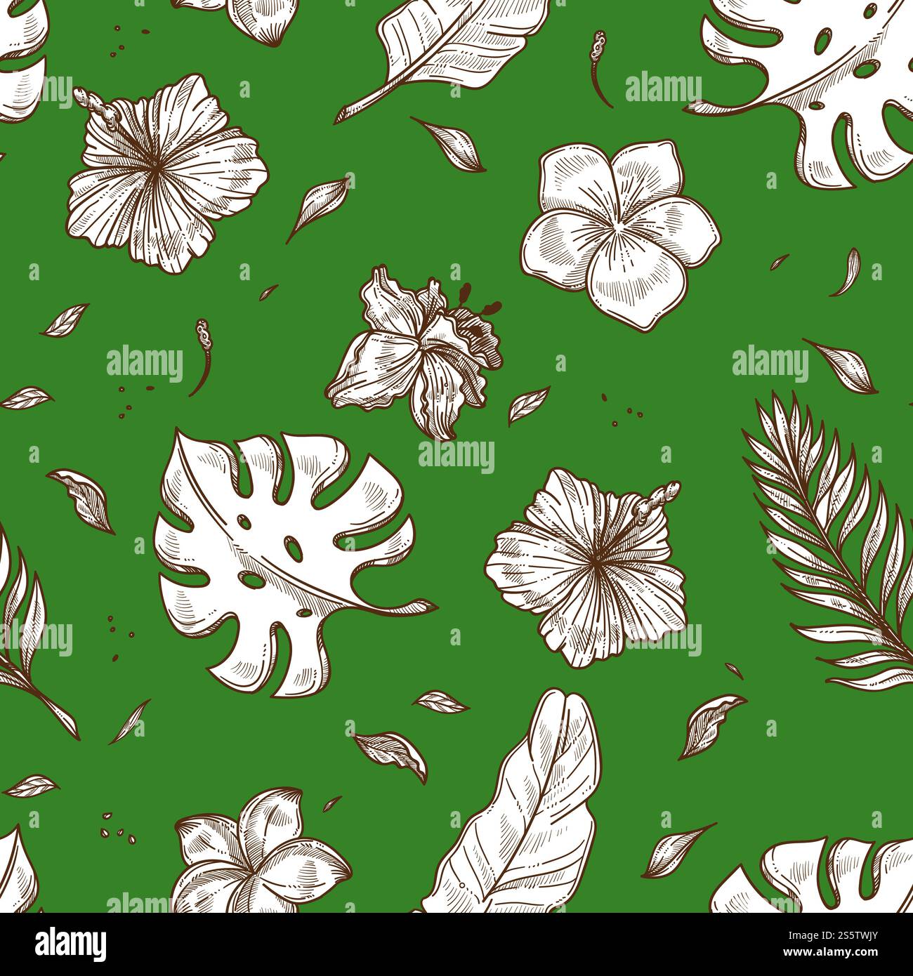 Sfondo con motivo senza cuciture a foglie di palma tropicale. Disegno con sfondo botanico vettoriale di piante esotiche paradisiache di foglie e fiori su un motivo tropicale estivo verde. Sfondo con motivo senza cuciture a foglie di palma tropicale. Illustrazione Vettoriale