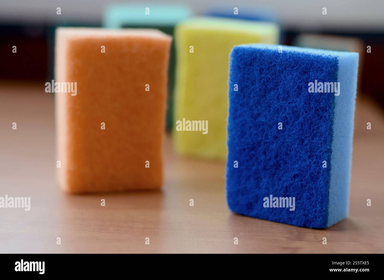 Un paio di spugne cucina giacciono su una cucina in legno il ripiano del bancone. Gli oggetti colorati per il lavaggio di stoviglie e pulizia in casa sono pronto per l'uso Foto Stock