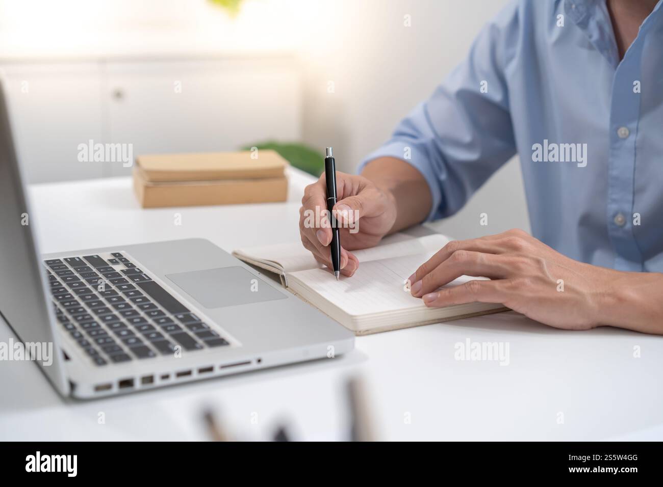 E learning Student online VDO Call Conference lavora da casa con Cat Remote Work Talk chat online su laptop webcam conferenza con tablet Foto Stock