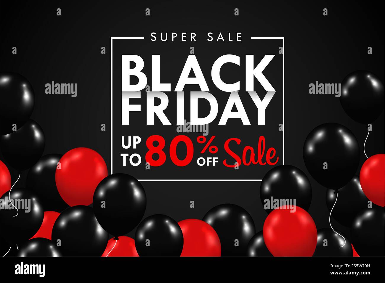 I palloncini neri e rossi stanno fluttuando. Con una casella di testo speciale per la promozione del BlackFriday durante il fine settimana Foto Stock